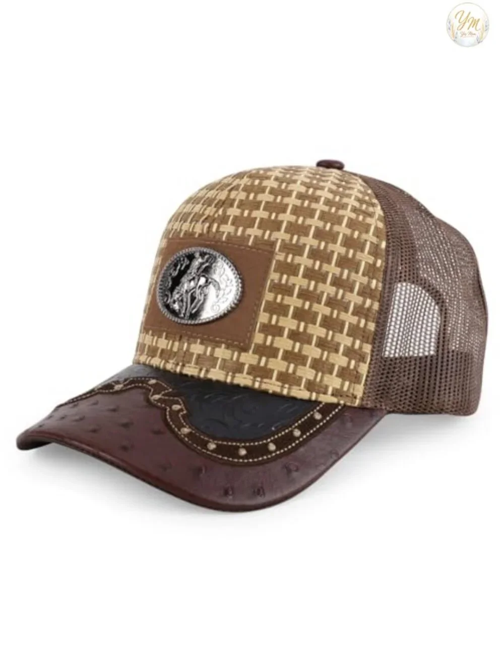 Straw Design Metallic Rodeo Cowboy Horse Metal Logo Trucker Mesh Baseball Cap